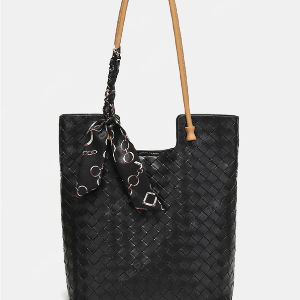 Stylish Black Leather and Tan Tote Bag